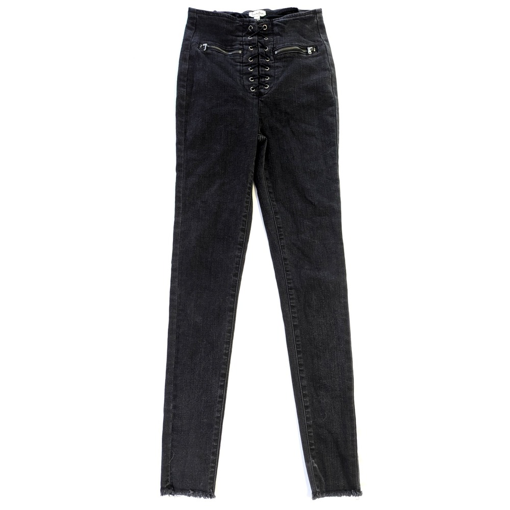 Love Fire Black Lace Up High Rise Skinny Jeans Raw Hem Size 1 *Read